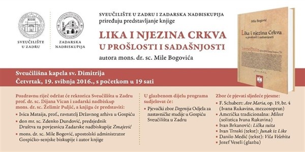 Poziv na predstavljanje knjige „Lika i njezina Crkva u prošlosti i sadašnjosti“ autora mons. dr. sc. Mile Bogovića.