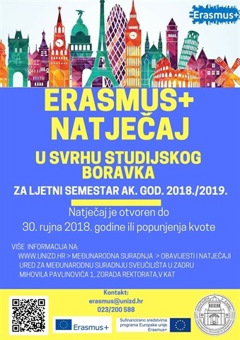 Erasmus+ Natječaj za studentsku mobilnost u svrhu studijskog boravka za ljetni semestar ak. god. 2018./19.